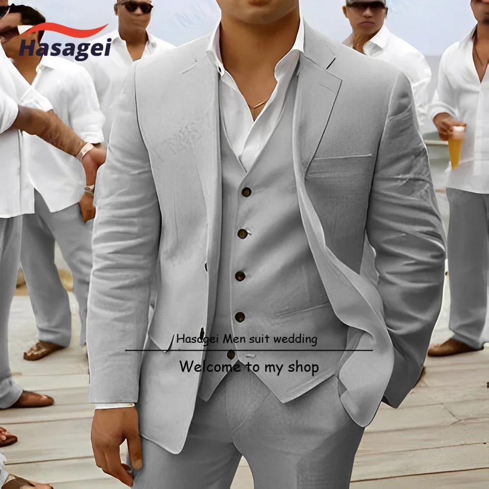 2023 Men's Suit Linen Material Jacket Pants Vest 3-piece Set Groom Wedding Tuxedo Breathable Slim Fit Formal Blazer