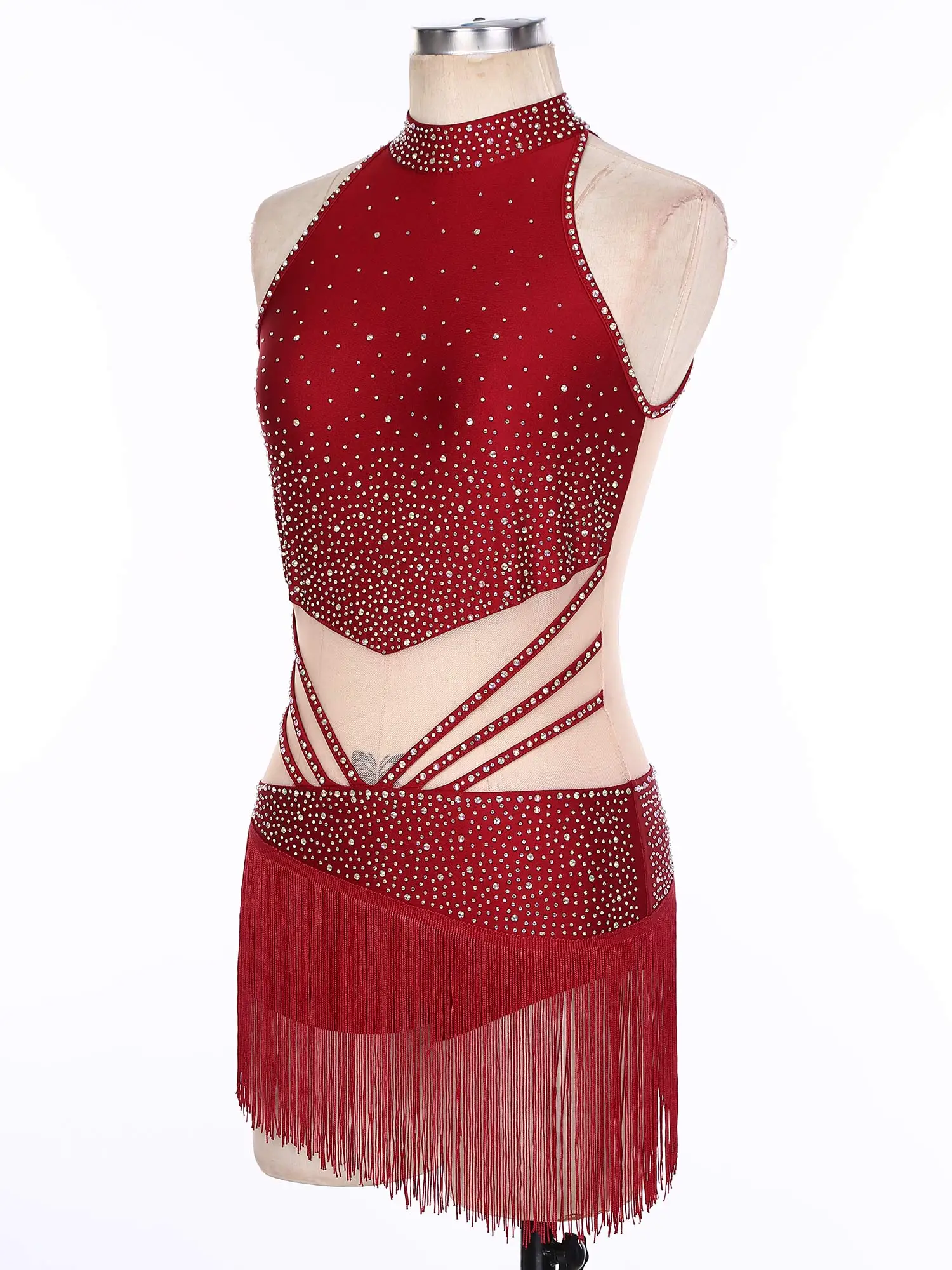 Frauen Ärmellose Strass Mesh Quasten Latin Jazz Dance Body Eiskunstlauf Samba Gymnastik Trikot Leistung Dancewear – Detail 19