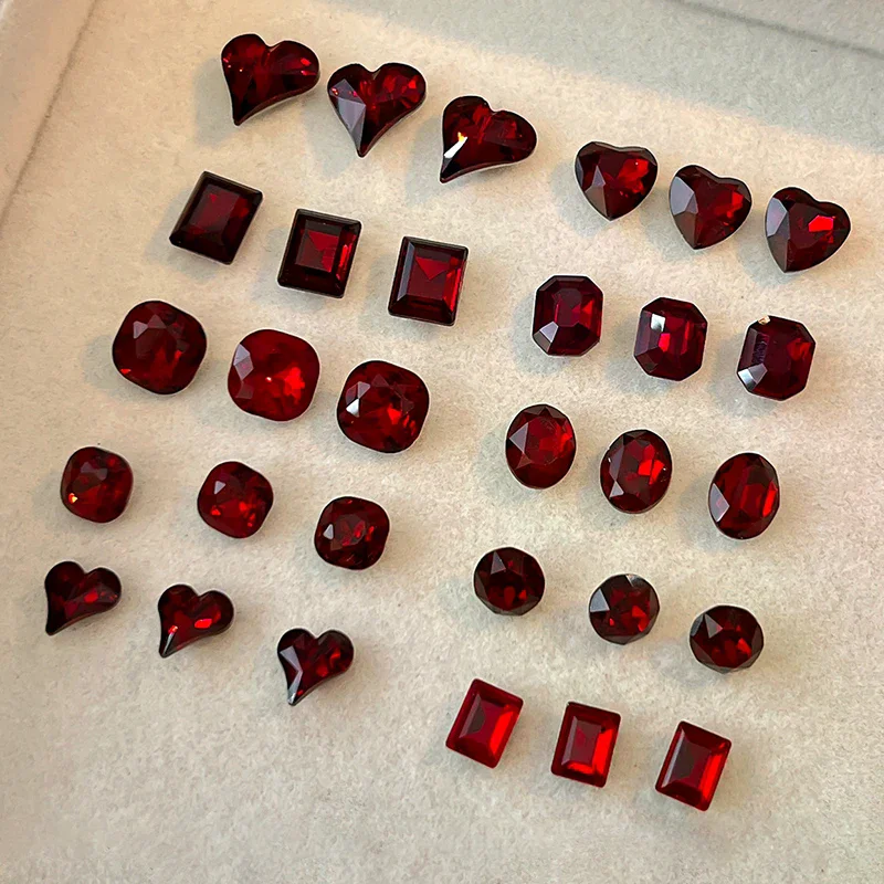 5 Pcs Red Nail Gems Pointed Bottom Rhinestones Multiple Shapes Nail Crystal Diamond Mixed Luxury Glass Rhinestones Charms Decor