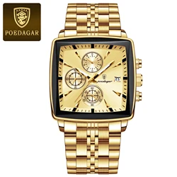 Luxury Square Sport Men's Waterproof Chronograph Wristwatch - Stainless Steel with Luminous Features (866 Gold Gold)