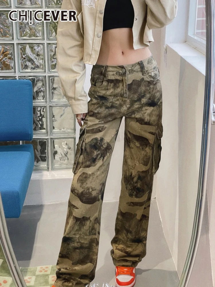 

CHICEVER Casual Vintage Denim Cargo Pants For Women High Waist Patchwork Pockets Autumn Minimalist Camouflage Jeans Female New