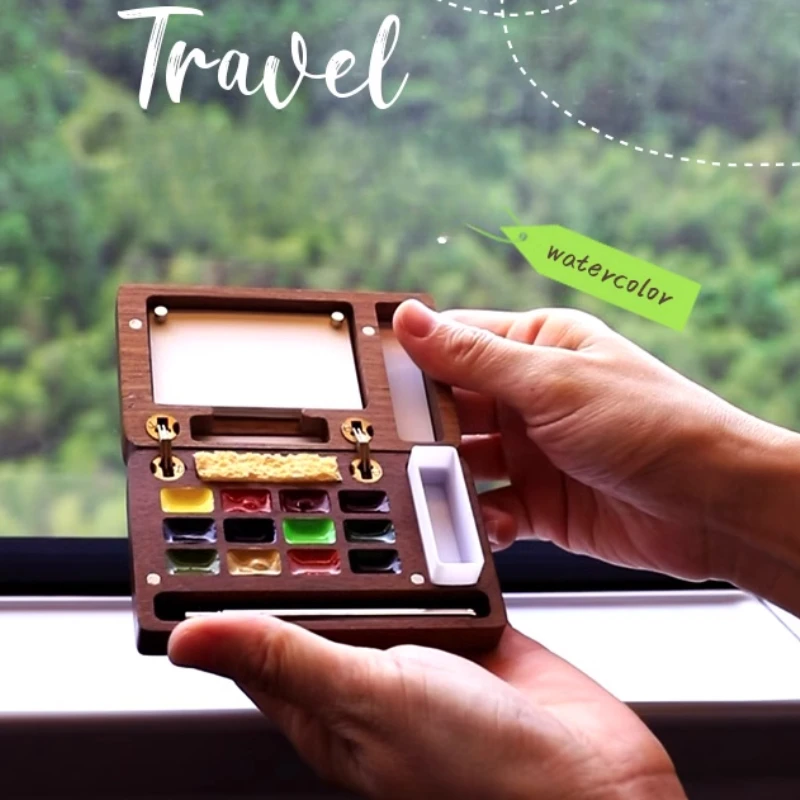 12Color Solid Watercolor Paint Portable Mini Walnut Magnetic Paint Box Travel Painting Sketching Watercolor Palette Art Supplies