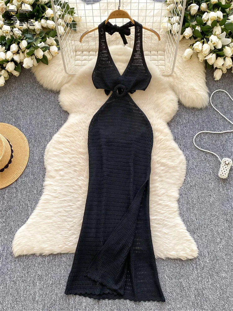 SINGREINY Summer Backless Beach Dress Women Deep V Neck Sleeveless Solid Lace Up Design Hollow Out Sexy Halter Vacation Dresses 4