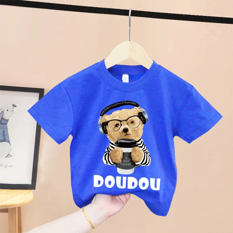 thumbnail image 1 of Camiseta de verano 100 % algodón para adolescentes, camiseta para niños con estampado sencillo de oso de dibujos animados, cuello redondo, cómoda camiseta de manga corta para niños y niñas, 1 of 4