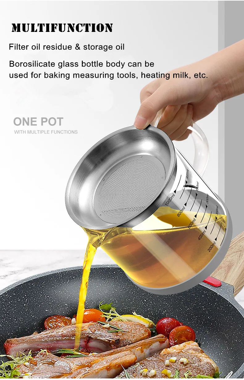 Description Picture 5 of itemTransparent Glass Oil Filter Pot with Scale Kitchen Oil Separator Storage Tank Fine Mesh Strainer Grease Container Home Gadgets
