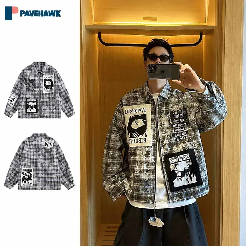 

Vintage Plaid Varsity Jacket Men Women Portrait Print Patch Punk Casual Bomber Jackets High Street Loose Zipper Coats Spring New