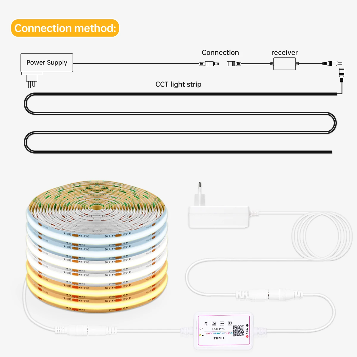 576LED/M CCT 디밍 가능 2700K-6500K COB LED 스트립 라이트 24V WW CW 듀얼 화이트 FCOB LED 테이프 리본형 램프 블루투스 RF 리모컨