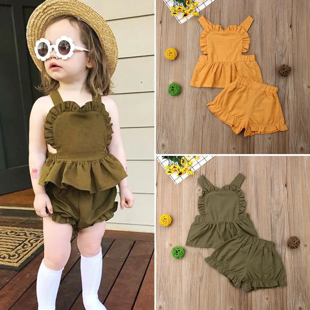 

Children's Clothes Summer Children's Cotton And Hemp Flying Sleeve Top +PP Hot Pants Baby Two-Piece Suit Braces Baby Clothing