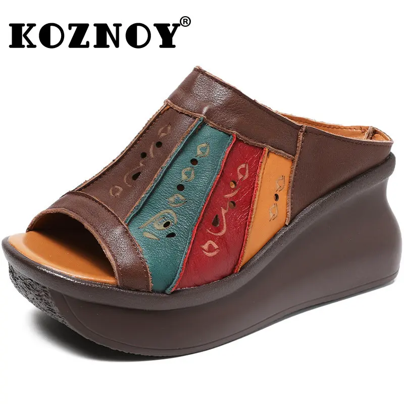 

Koznoy 7cm Women Slippers Sandals Mixed Color Summer Genuine Leather Ethnic Moccains Fashion Platform Peep Toe Elegance Shoes