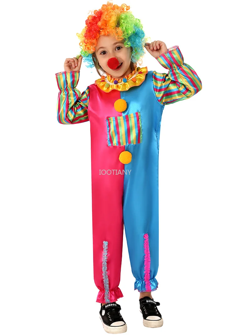 

New Clown Role-playing Cos Clothes Carnival Patchwork Clown Costume Children's Clashing Jumpsuit And Wig Funny Outfit For Opera