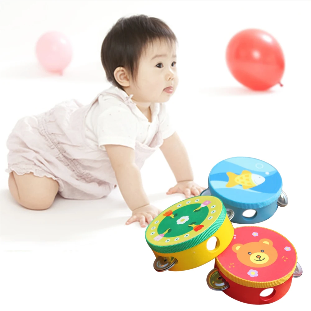 10cm Wooden Tambourine Drum Bell Manual Color Random Musical Instrument Percussion Teaching Aids Lightweight for Kids Party Game