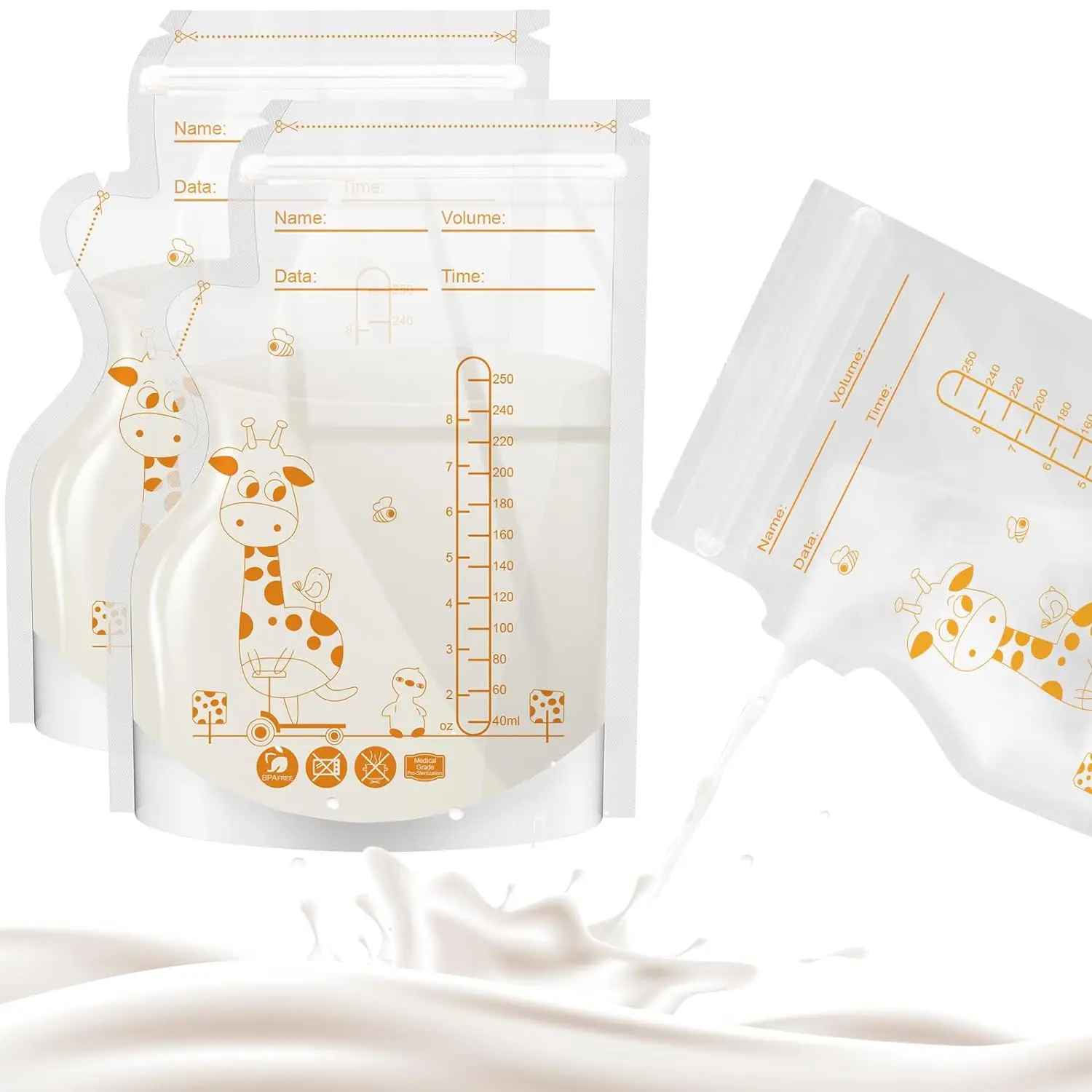 Baby Food Storage Containers Giraffe 100pcs Breastmilk Storage Bag Self Standing No Leak Milk Freezer Bags Safe Feed BPA Free