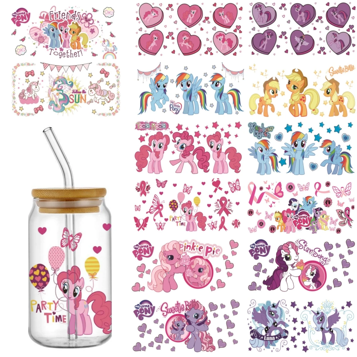 Miniso Pony cartoon pattern UV DTF Sticker For 16OZ Libbey Glass Cup Can Wrap Transfers Stickers Custom Labels DIY Logo