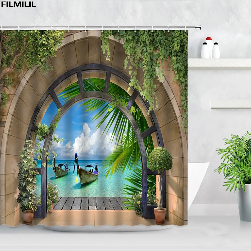 Nature Palm Leaves Boat Ocean Landscape Shower Curtains Arches Vines