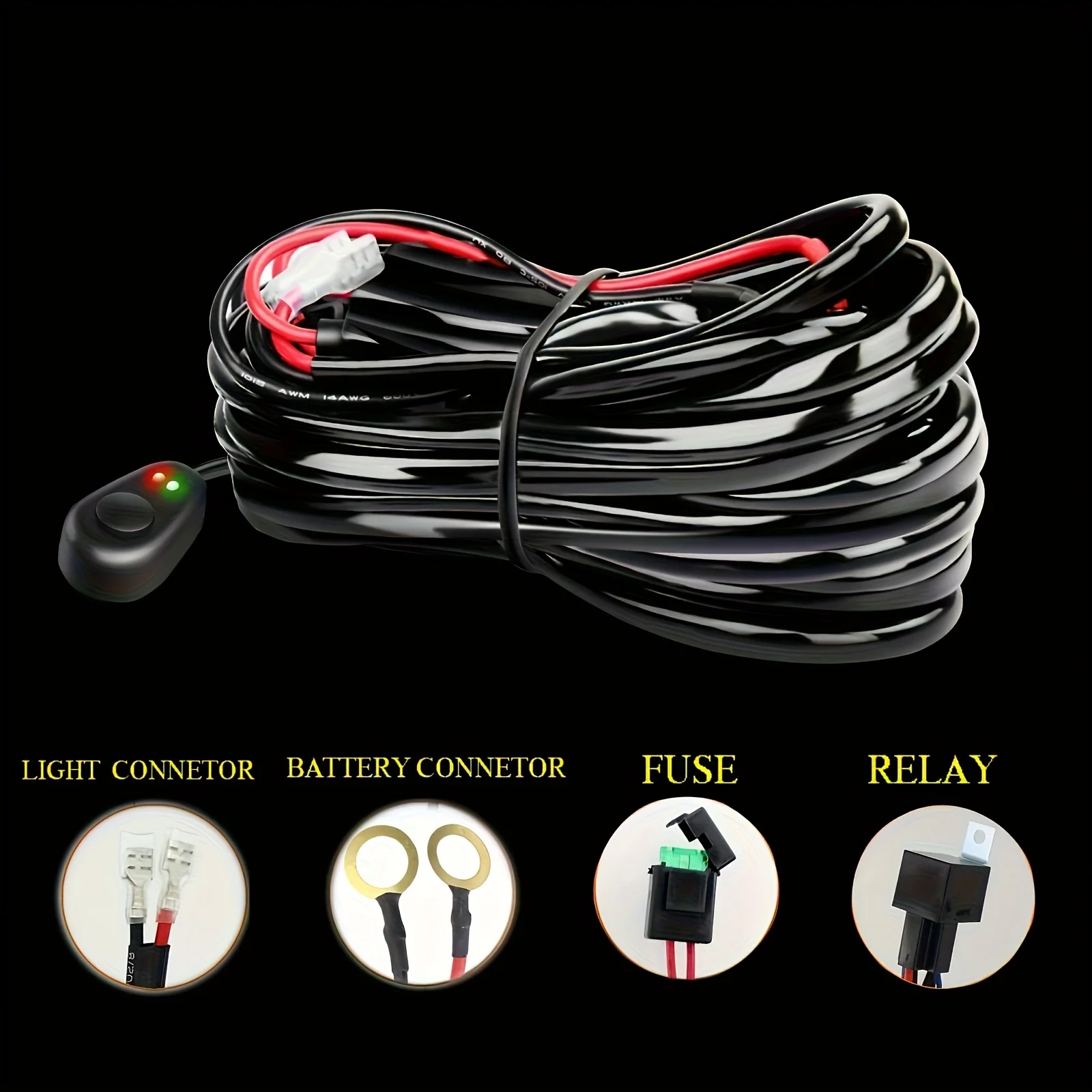 LED 라이트 바 배선 하네스 키트 (퓨즈 릴레이 포함) 온/오프 버튼 스위치, 지프 픽업 ATV 오프로드 안개등 주행등 호환