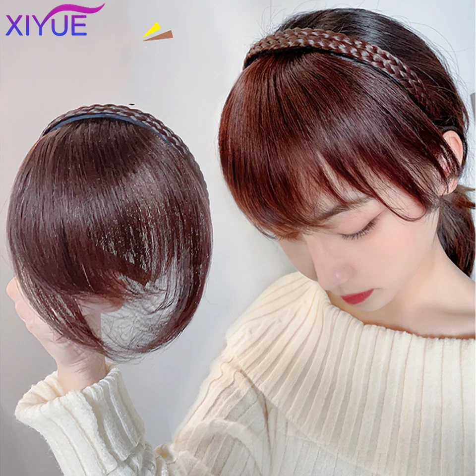 Synthetic Fake Bangs Hair Neat Rhinestone hairband With Braids Headband Heat Resistant Bangs In Hair Extensions Hairpieces Hair
