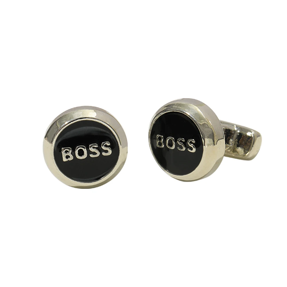 Mens Cufflinks Black Letter Boss Cuff Links Silver Tone for Suit Tuxedo Shirts Business Formal Sleeve Button Jewelry Gift