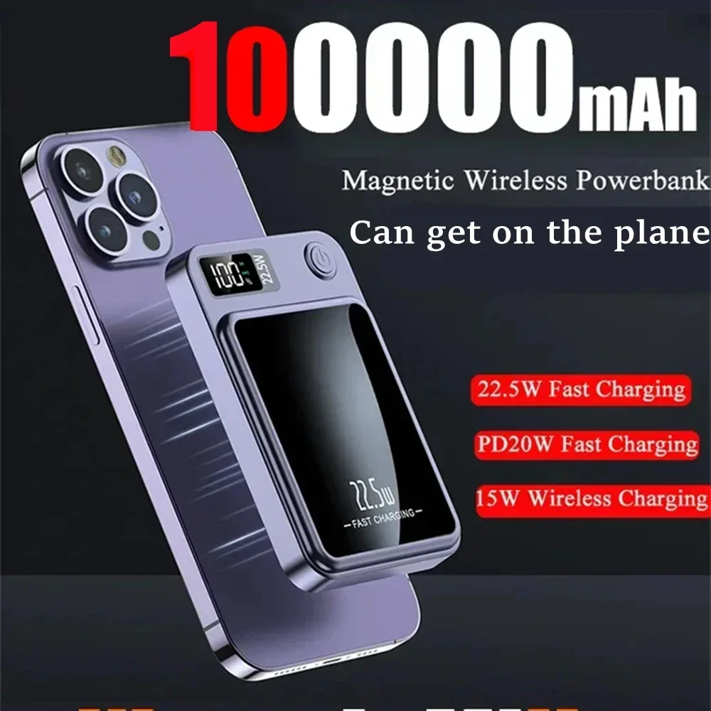 100000mAh Magnetic Wireless Power Bank Fast Charger For iPhone Magsafe Samsung Xiaomi