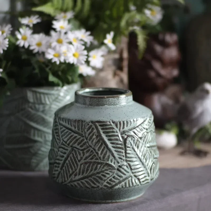 

Керамическая ваза в стиле ретро, домашний рельефный узор, гидропонный плантатор, декоративные украшения для гостиной и столовой, столешницы