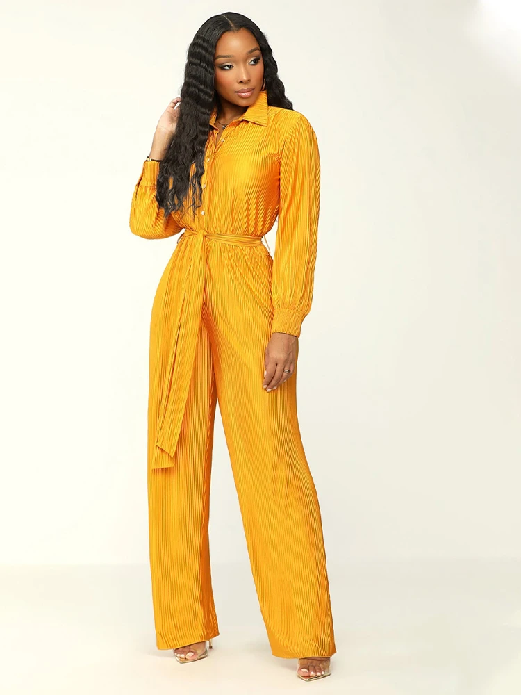 Long Sleeved Wide Leg Jumpsuit Women 2023 Autumn/Winter New Fashionable Pleated Lapel Women's Clothing for Leisure, Commuting