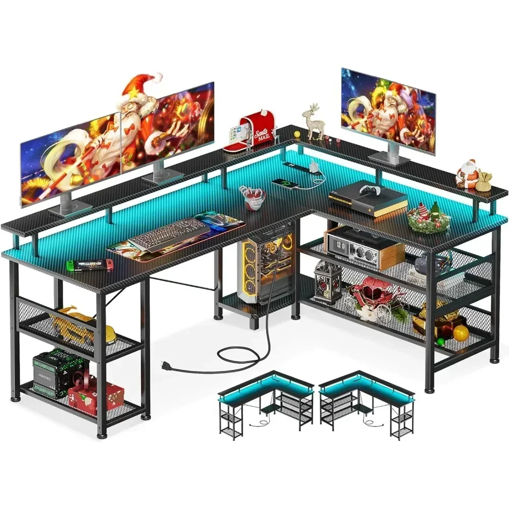 

59" L Shaped Gaming Desk with Power Outlet and LED Lights, Reversible L Shaped Desk with Storage Shelves & Monitor Stand