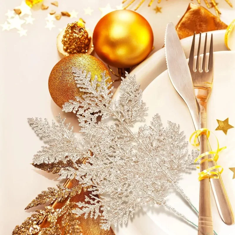 Christmas Decoration  Artificial Glitter Simulation Pine Leaves Tree Branch Christmas Tree Ornament For DIY Xmas Tree Wreath