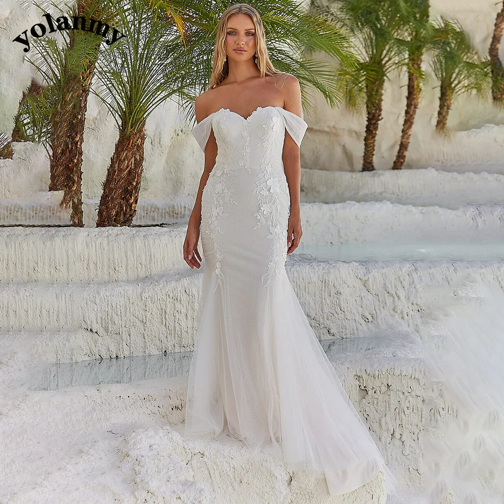 

YOLANMY Elegant Mermaid Wedding Dresses Off the Shoulder Appliques Button Chapel Train Illusion Chapel Train Custom Made