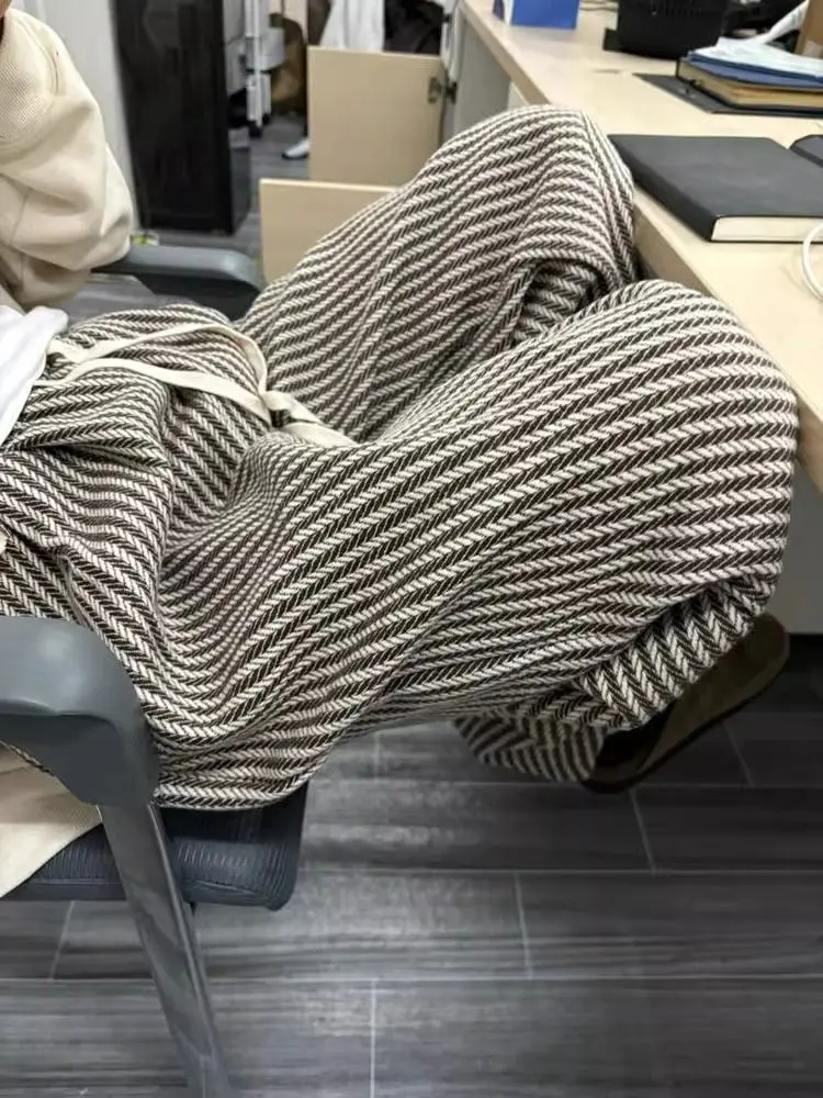 Pantaloni primavera autunno donna retrò a righe lavorati a maglia casual quotidiano semplici pantaloni a gamba larga a vita alta temperamento elegante femminile tutto-fiammifero 4