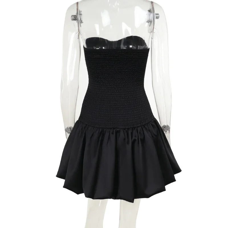 Elegant Strapless Ruched A-line Short Dress Women Slim Off Shoulder Backless Party Dress Autumn Lady Solid Evening Gowns