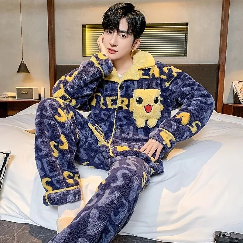 2024 New Men Pajamas Winter Coral Fleece Thickened Fleece Large Size Nightclothes Suit Flannel Teenagers Casual Warm Loungewear