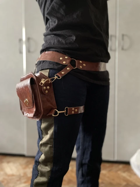 leather hip bag with leg strap