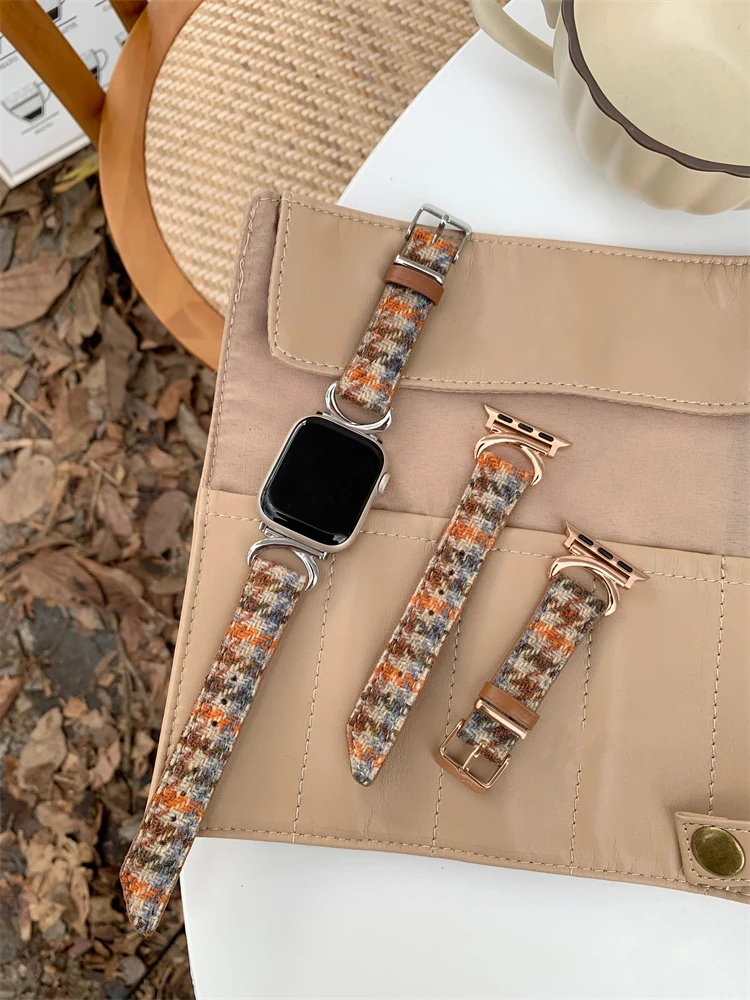 Luxury Houndstooth Woolen Cloth Strap For Apple Watch 41mm 38mm 40mm Metal  Design Leather Band For iwatch Series 8 7 6 SE 5 4 3