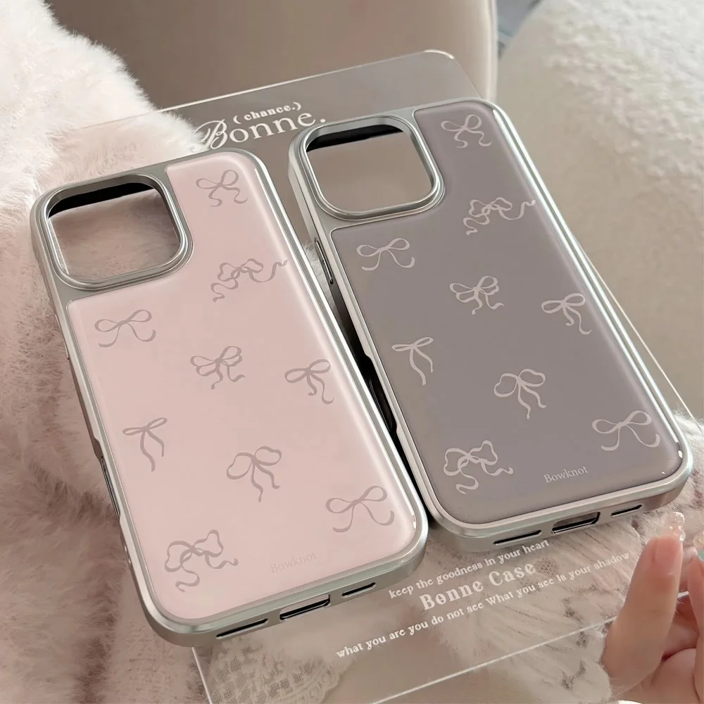Full Screen Pink Grey Bowknot Electroplated Resin Phone Case Back Cover