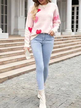 Women s Heart Print Sweaters Long Sleeve Round Neck Loose Pullovers Valentine’s Day Knit Tops 3