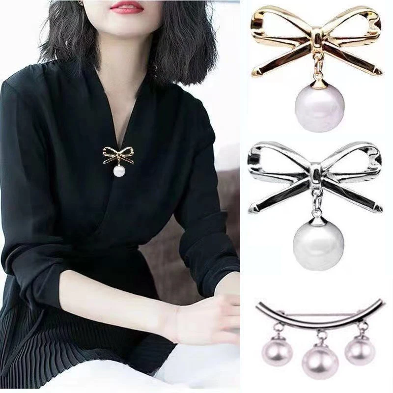 

1PC Elegant White Crystal Pearl Fashion Pearl Fixed Strap Charm Safety Pin Brooch Sweater Cardigan Clip Chain Brooches Jewelry