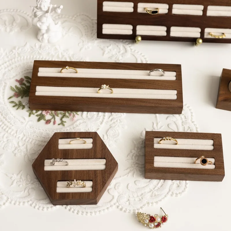 Walnut Wood Jewelry Display Stand Vintage Ring Earring Display Tray Velvet Lining for Jewelry Photography Shop Counter Display