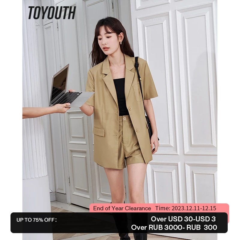 

Toyouth Women Two Piece Suit 2023 Summer Suit Jacket with Shorts Pocket Embroidery High-quality Elegant Fashion Commuting Suit