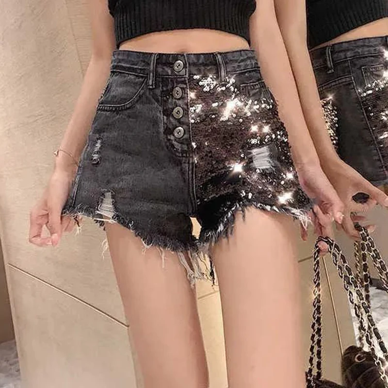 Women's summer 2023 denim shorts with holes Korean sequin wide leg pants Hot pants  low rise jeans  vintage clothes shascullfites push up jeans with lifting effect high rise stretch jeans light blue jeggings woman elastic butt shaping leggins