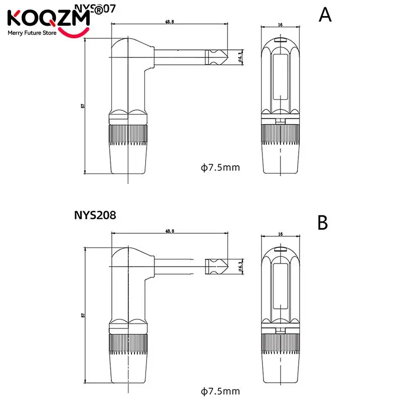 L자형 직각 플러그, 스테레오, 모노 2, 3 극, 6.5 1/4 마이크, 기타 오디오, NYS207 208, 잭 6.35mm, TS TRS 90 °, 1 개