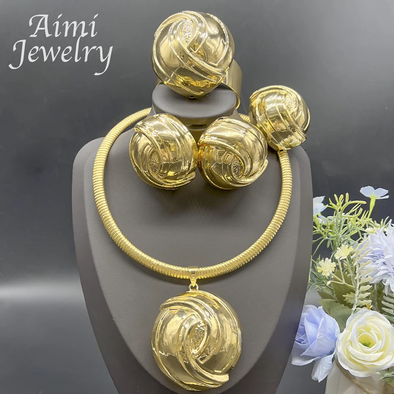 

Copper Texture Ball Pendant Dubai 24K Gold Plated Jewelry Set for Women Necklace Earrings Bracelet Ring Party Wedding Gifts