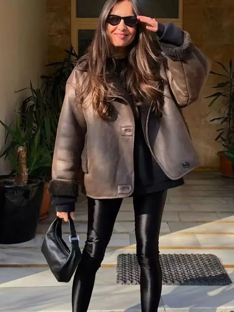 HH Women Thick Warm Outwear Faux Leather Jackets Autumn Winter Vintage Long Sleeve Lapel Coats Fashion Lady Streetwear Top