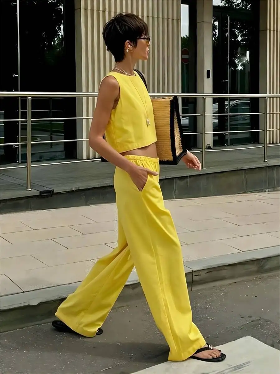 Summer Fashion 2 Piece-Set Women's Pants Sleeveless Cropped Vest Top And Wide Leg Trousers Sets Female Outfits Trousers