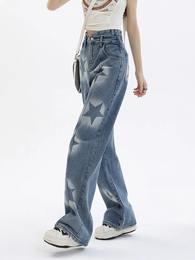 Retro Stars Jeans High Waist Wide Leg Jeans Women 2023 Irregular Waist Denim Pants Hip Hop Loose Casual Trousers Girl Streetwear