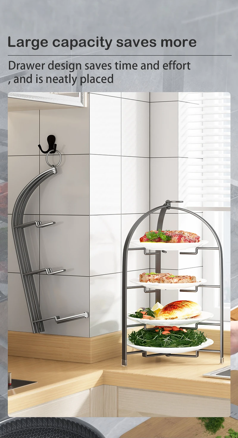 Kitchen Storage Rack | Wall Mounted Rust Proof Rack, Foldable Side Dish Organizer with Drawer