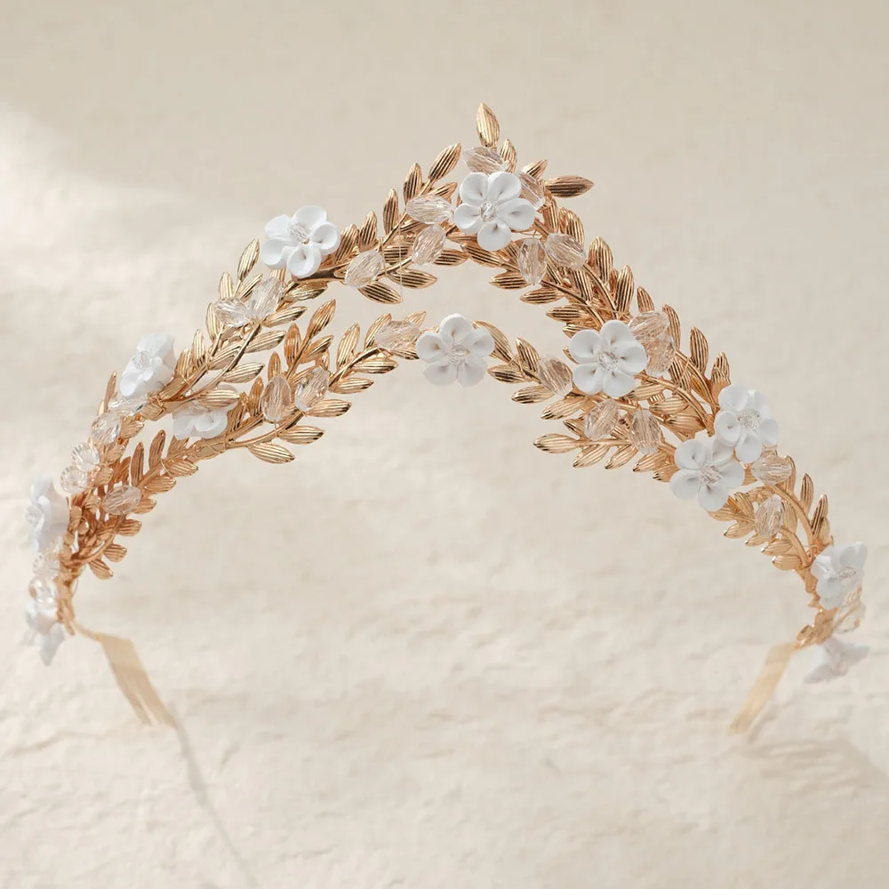 SLBRIDAL Handgefertigte Kristall-Strass-Perlen Blumen-Blatt Braut-Tiara Stirnband Hochzeitskrone Haaraccessoires Damen Mädchen Schmuck – Detail 21