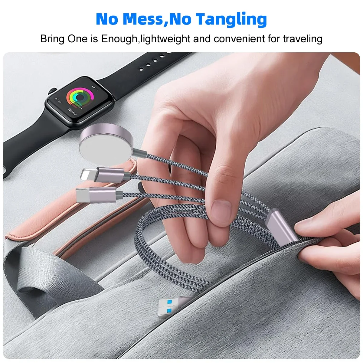 27W 3 in 2 멀티 USB C 충전 케이블 (아이워치, 아이폰 17/16/15/14/13/12 Pro Max용) USB 타입 C 고속 충전 코드 포함