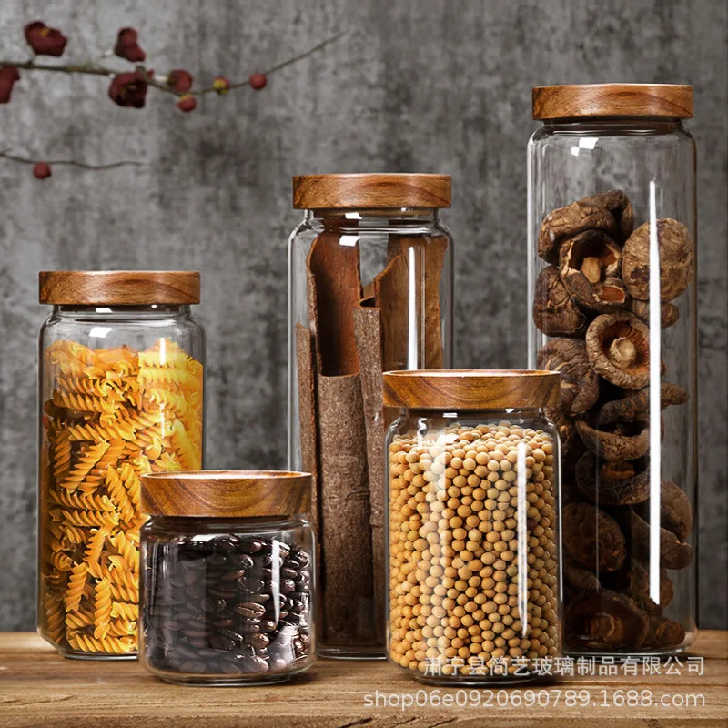 

3pcs 250-1550ml Wood Lid Glass Airtight Canister Kitchen Storage Bottles Sealed Food Container Coffee Beans Grains Jars Orgnizer