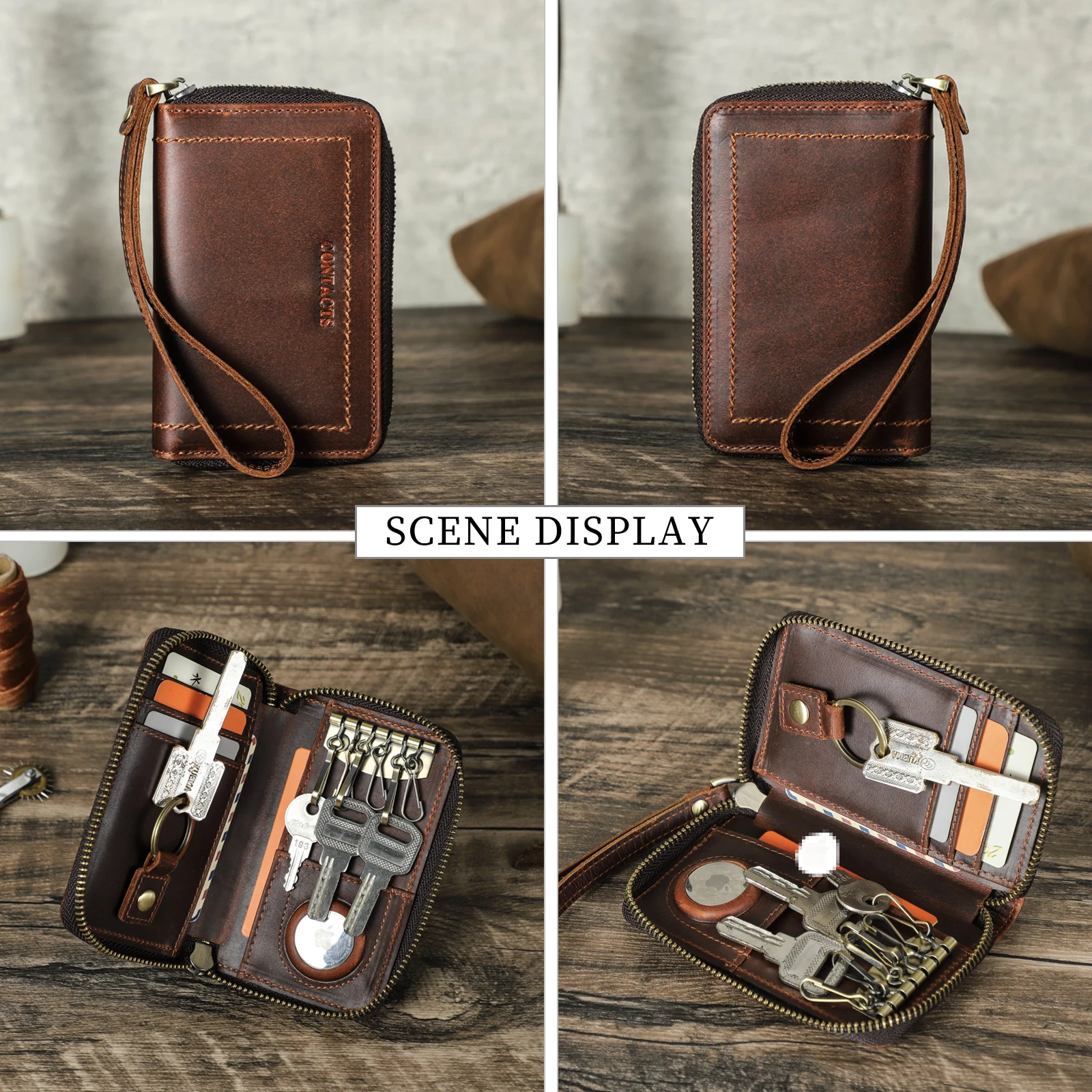 CONTACT'S Genuine Leather Key Wallets Key Chain Holder Full Grain Leather AirTag Slot Male Mini Wallets Pouch Card Holders key case,key holder,key organizer,key purse