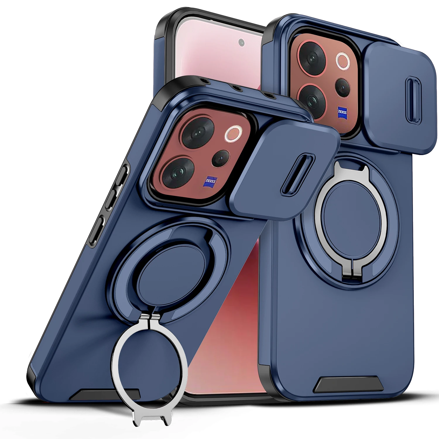 Vivo V70 Enhanced Armor Case with Slide Camera Lens Protector and Magnetic Ring Holder