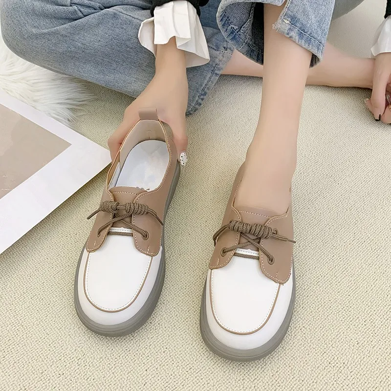 

2022 New Autumn Color Contrast Flat Single Shoes Women's Soft Leather Korean Versatile Retro Casual Board Shoes Shallow Mouth